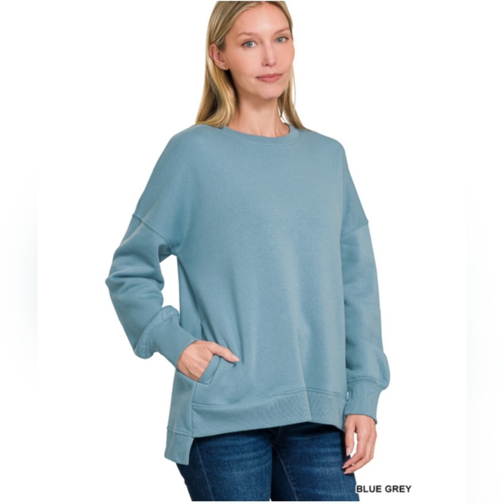 Fleece hi-low boyfriend sweatshirts with pocket Zenana